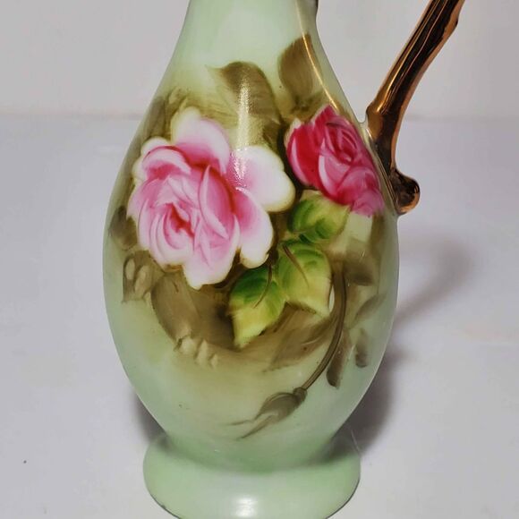 Lefton Green Heritage Small Pitcher Pink Roses Vintage - Picture 2 of 7